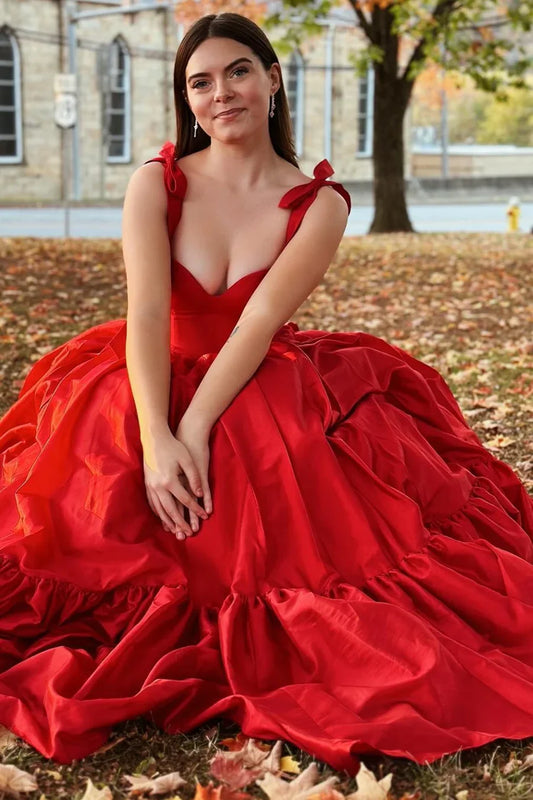 Red Bow Tie Straps A-line Satin Long Prom Dress