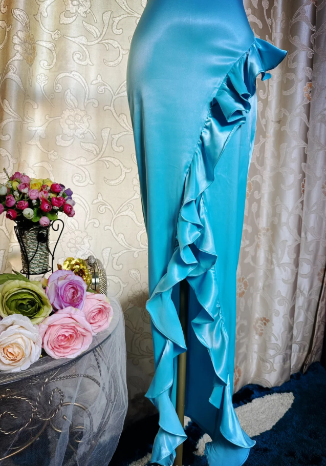 Sexy Spaghetti Straps Blue Satin Ruffles Slit Long Party Dress Formal Wedding Guest Dress SP1944