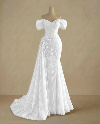 Dreamy Sky Blue Off-The-Shoulder Pleated Sequins Evening Dress With Side Train