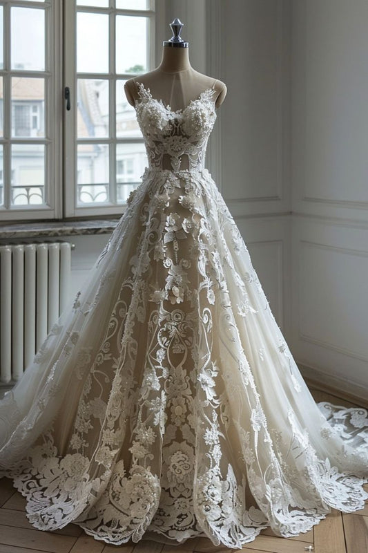 A-Line V-Neck Lace Tulle Long Prom Dress Wedding dress HZ1024