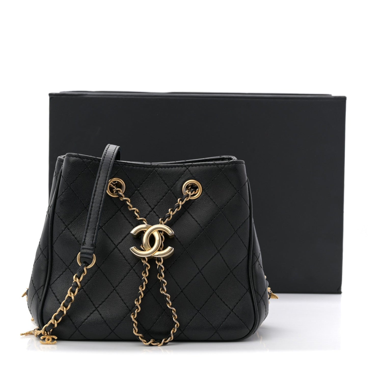 Calfskin Stitched Small Egyptian Amulet Drawstring Bag Black