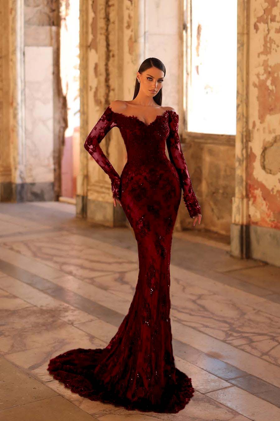 Elegant Black Lace Long Sleeves Off the Shoulder Mermaid Long Prom Dress with Beadings