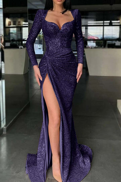 Long Sleeves Slit Evening Dress Mermaid With Sequins