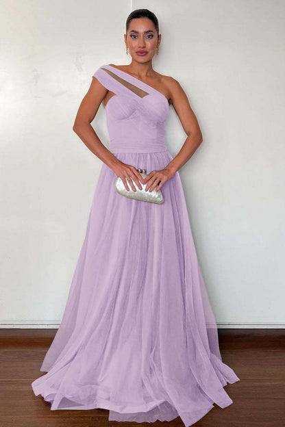Stunning Green Tulle One Shoulder Sleeveless Long Prom Dress with Pleated