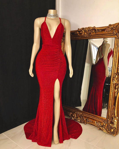 Sleeveless Red Halter Prom Dress With Slit
