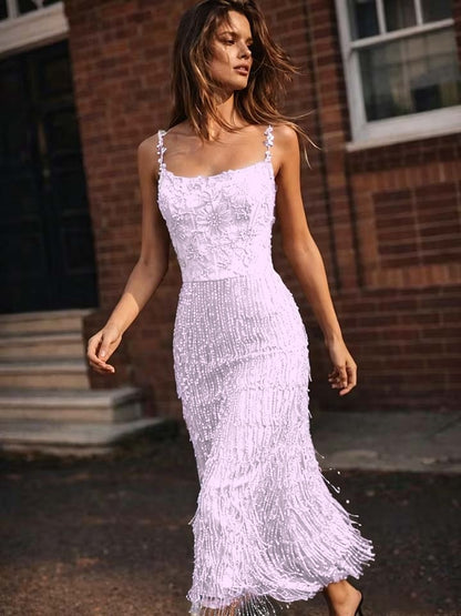 Romantic Pink Spaghetti-Straps Applique Beadings Sleeveless Evening Dress