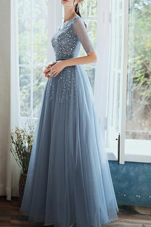 Dusty Blue Hale Sleeves Long Evening Dress Lace-Up With Sequins On Sale