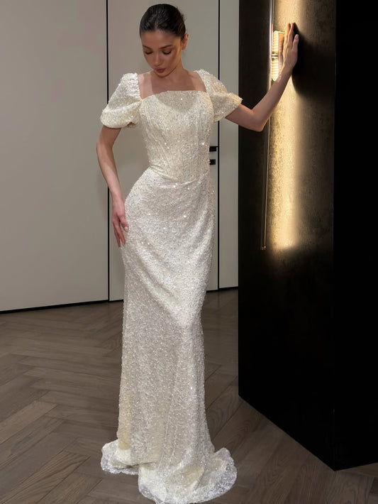 Stunning Puff Sleeve Square Pleated Sequins Beading Evening Dress
