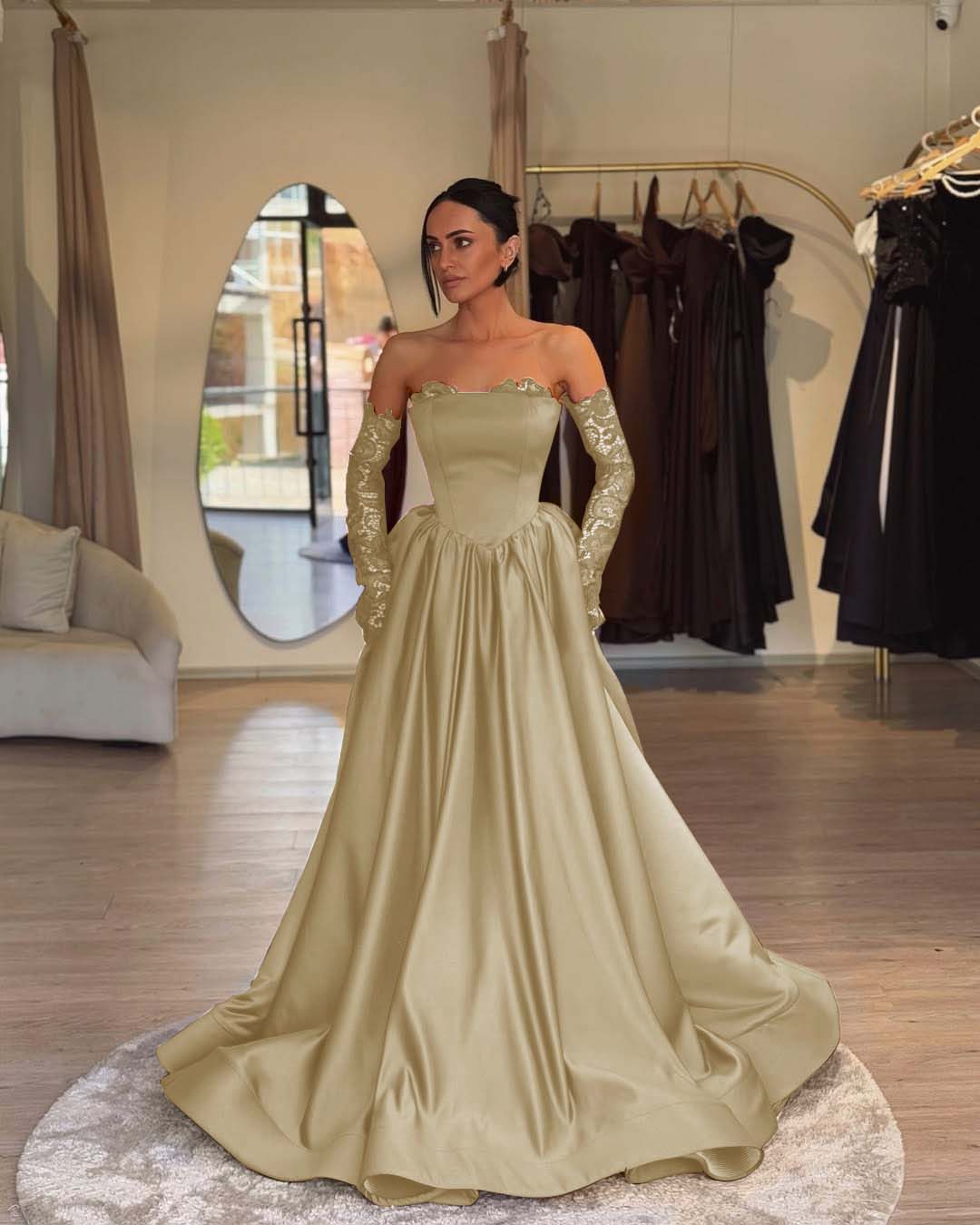 Elegant Sleeveless Strapless A Line Prom Dress With Lace Gloves