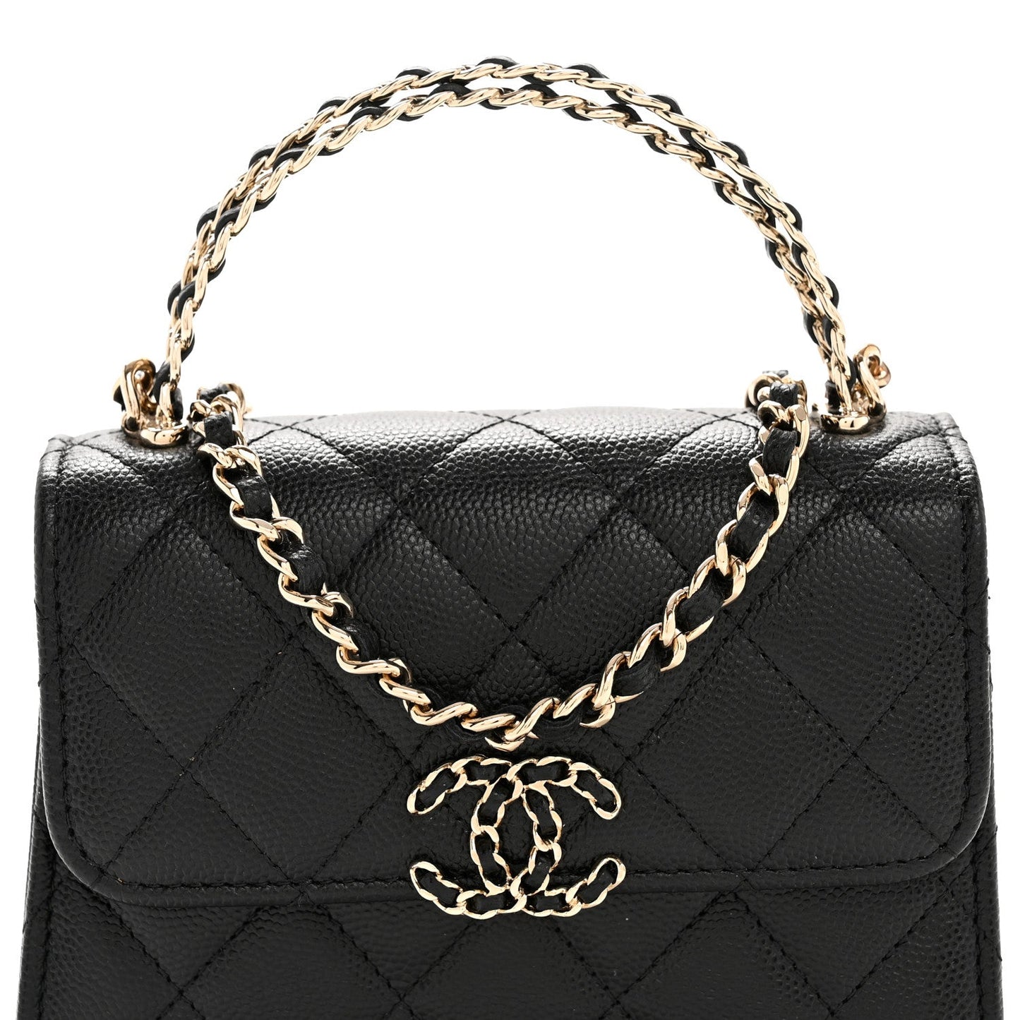 Caviar Quilted Double Chain Top Handle Flap With Chain Black