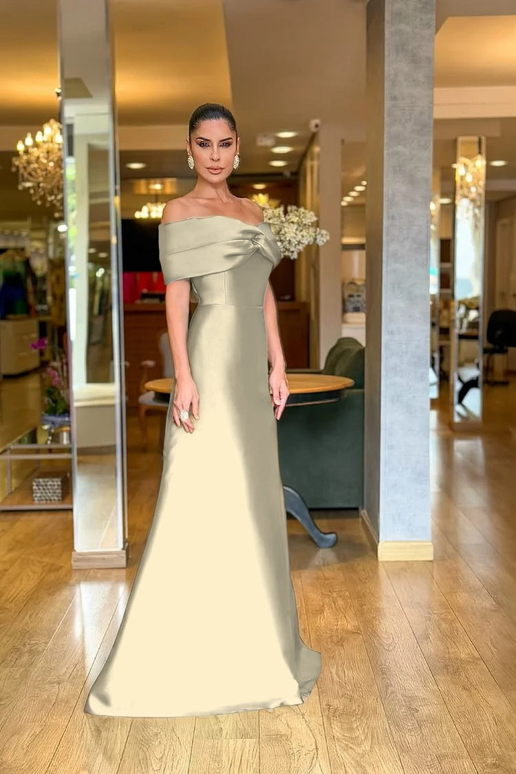Stunning Dark Green Satin Off the Shoulder Strapless Long Prom Dress with Pleated