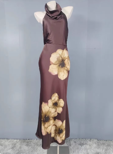 Vintage Elegant Dark Brown Printed Halter Neck Open Back Satin Long Prom Dress Evening Dress P4491