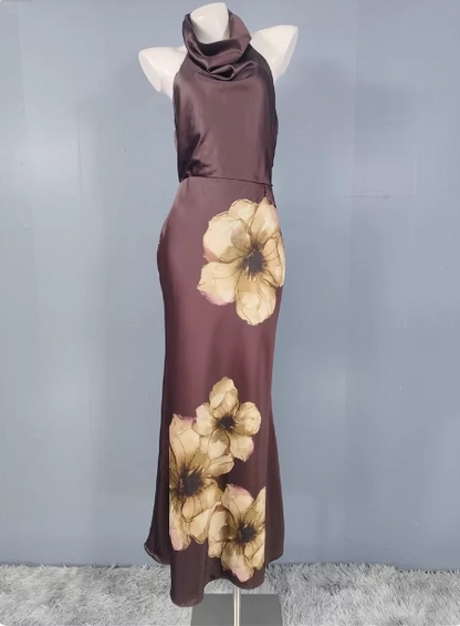 Vintage Elegant Dark Brown Printed Halter Neck Open Back Satin Long Prom Dress Evening Dress P4491