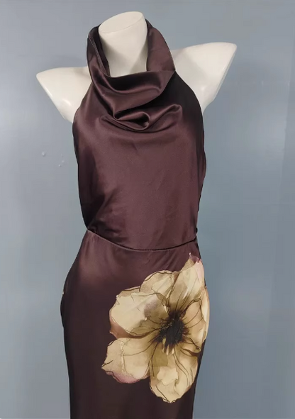 Vintage Elegant Dark Brown Printed Halter Neck Open Back Satin Long Prom Dress Evening Dress P4491