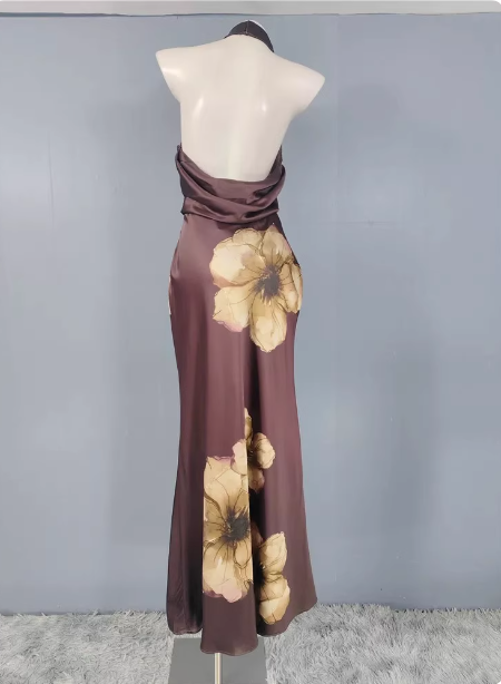 Vintage Elegant Dark Brown Printed Halter Neck Open Back Satin Long Prom Dress Evening Dress P4491