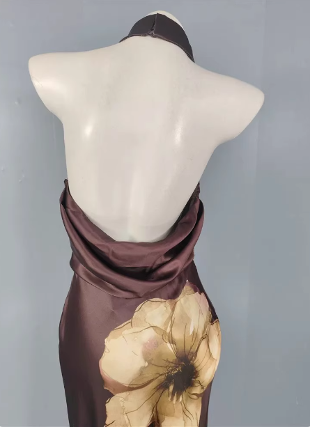 Vintage Elegant Dark Brown Printed Halter Neck Open Back Satin Long Prom Dress Evening Dress P4491