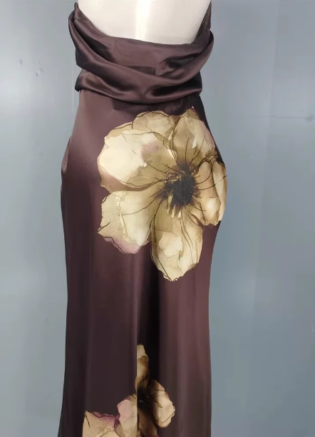 Vintage Elegant Dark Brown Printed Halter Neck Open Back Satin Long Prom Dress Evening Dress P4491