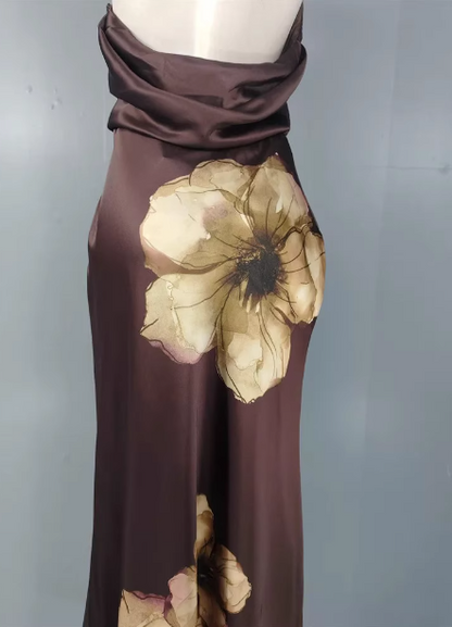 Vintage Elegant Dark Brown Printed Halter Neck Open Back Satin Long Prom Dress Evening Dress P4491