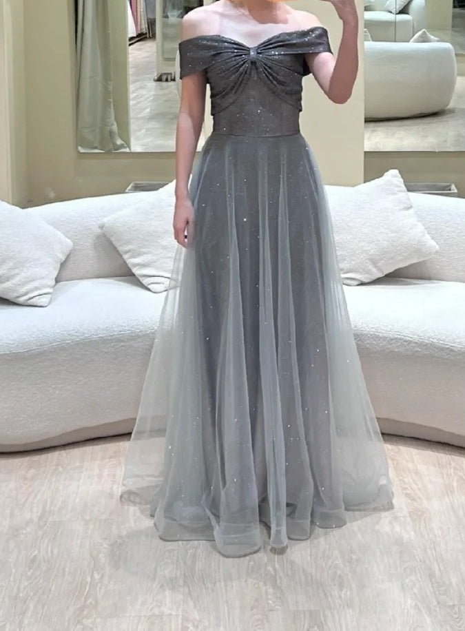 Chic Prom Dress Off Shoulder Pleated Tulle Birthday Party Outfits A Line Evening Gown Gala Dress     D4910