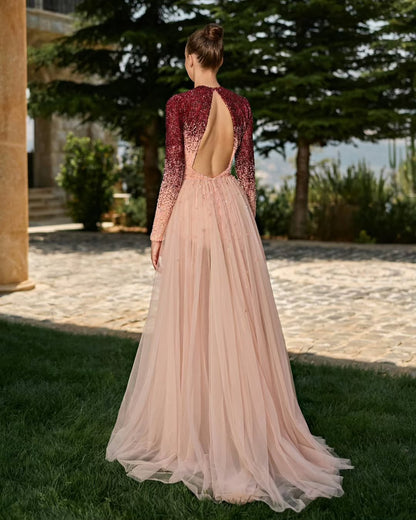 Elegant Chiffon Beaded Scoop Neck Long Sleeves Prom Dress