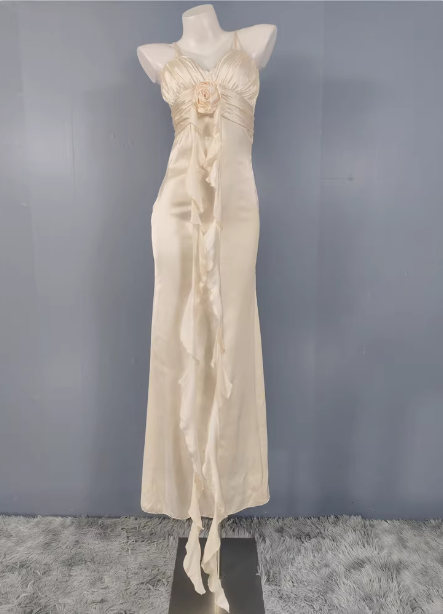 Elegant Cream Apricot Spaghetti Strap V-neck Ruffled Satin Long Prom Dress Evening Dress Bridesmaid Dress P4493