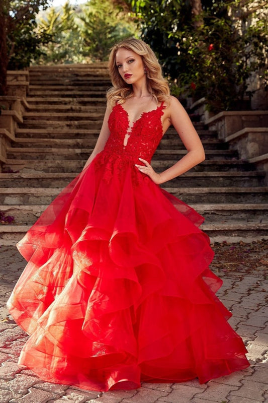 Red V-Neck Tulle Long Prom Dress Sleeveless