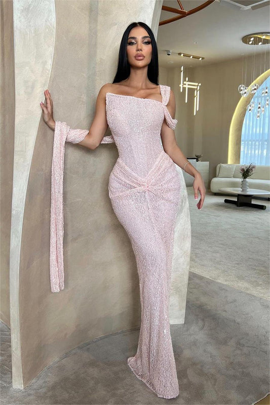 Stunning Pink Sequins One Shoulder Sleeveless Slim Prom Dress with Pleated