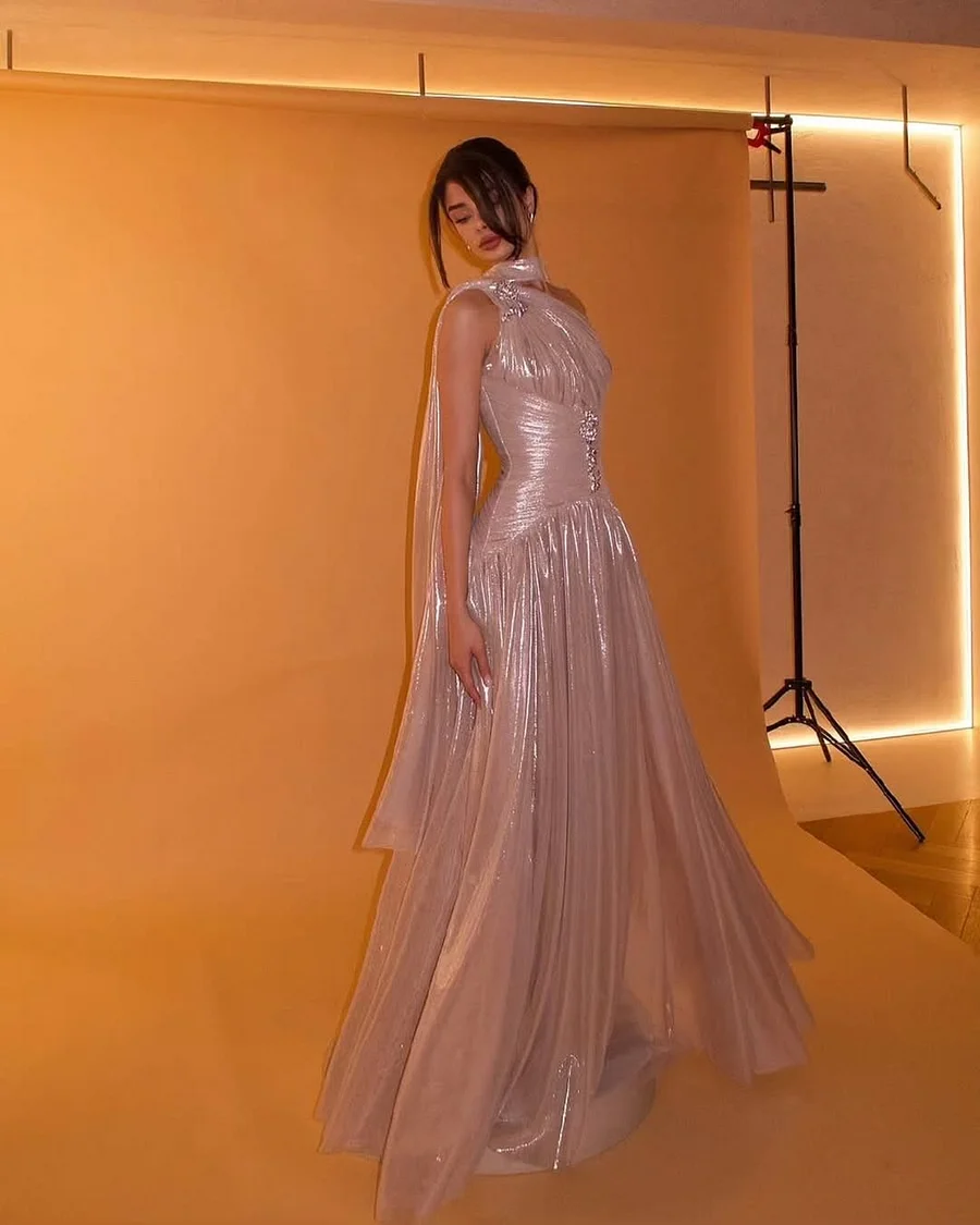 Charming One Shoulder Sleeveless Beaded Pleated Eevening Dress with Scarf