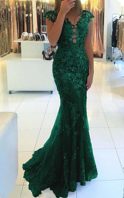Appliques Mermaid Cap Sleeve Prom Dress