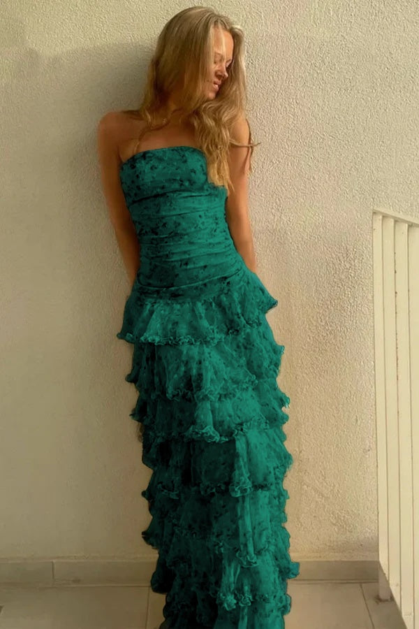 Glamorous Daffodil Sleeveless Strapless Long Evening Dress With Ruffles