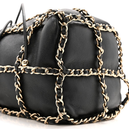 Lambskin Bucket Chain Drawstring Bag Black