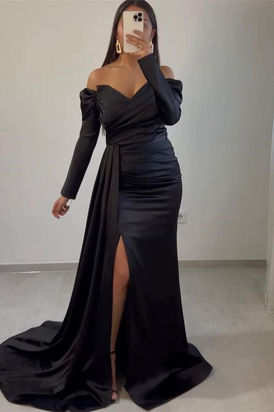 Sweetheart Long Sleeves Front Split Off-The-Shoulder Mermaid Evening Dress With Ruffle