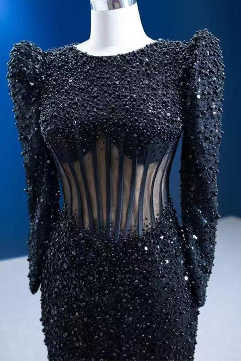 Elegant Black Jewel Neck Mermaid Prom Dress Long Sleeves With Appliques