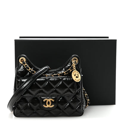 Shiny Crumpled Calfskin Quilted Small Wavy CC Hobo Black