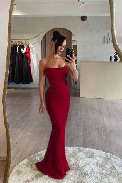 Pink Satin Sequins Spliced Strapless Mermaid Prom Dress