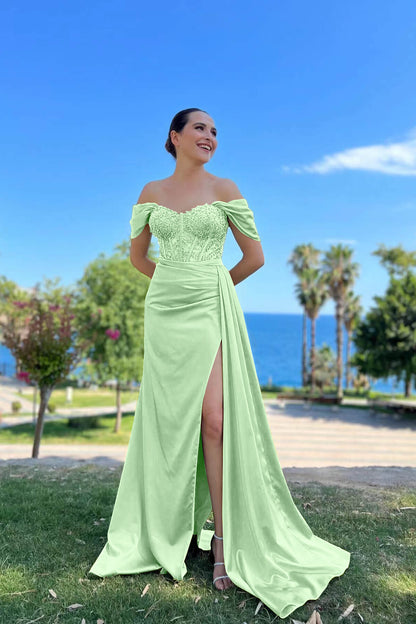 Off-The-Shoulder Mermaid Prom Dress With beads Sweetheart Front Split