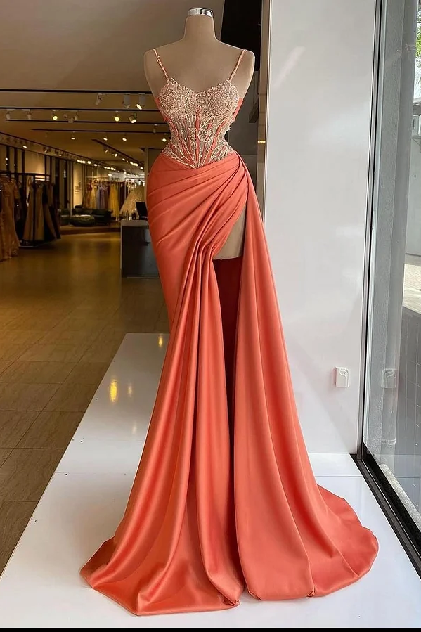 Sleeveless Spaghetti Straps Mermaid Beads Prom Dress