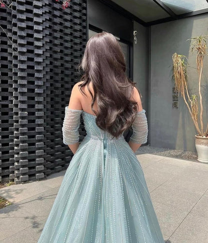 Stunning Blue Tulle Strapless Beaded Middle Sleeves Prom Dress with Split