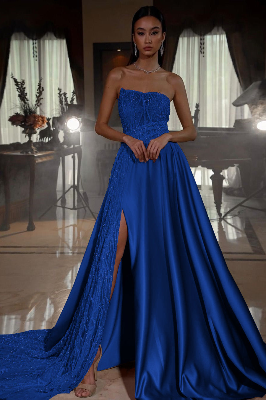 Pink Strapless A-Line Sleeveless Sequins Prom Dress With Split