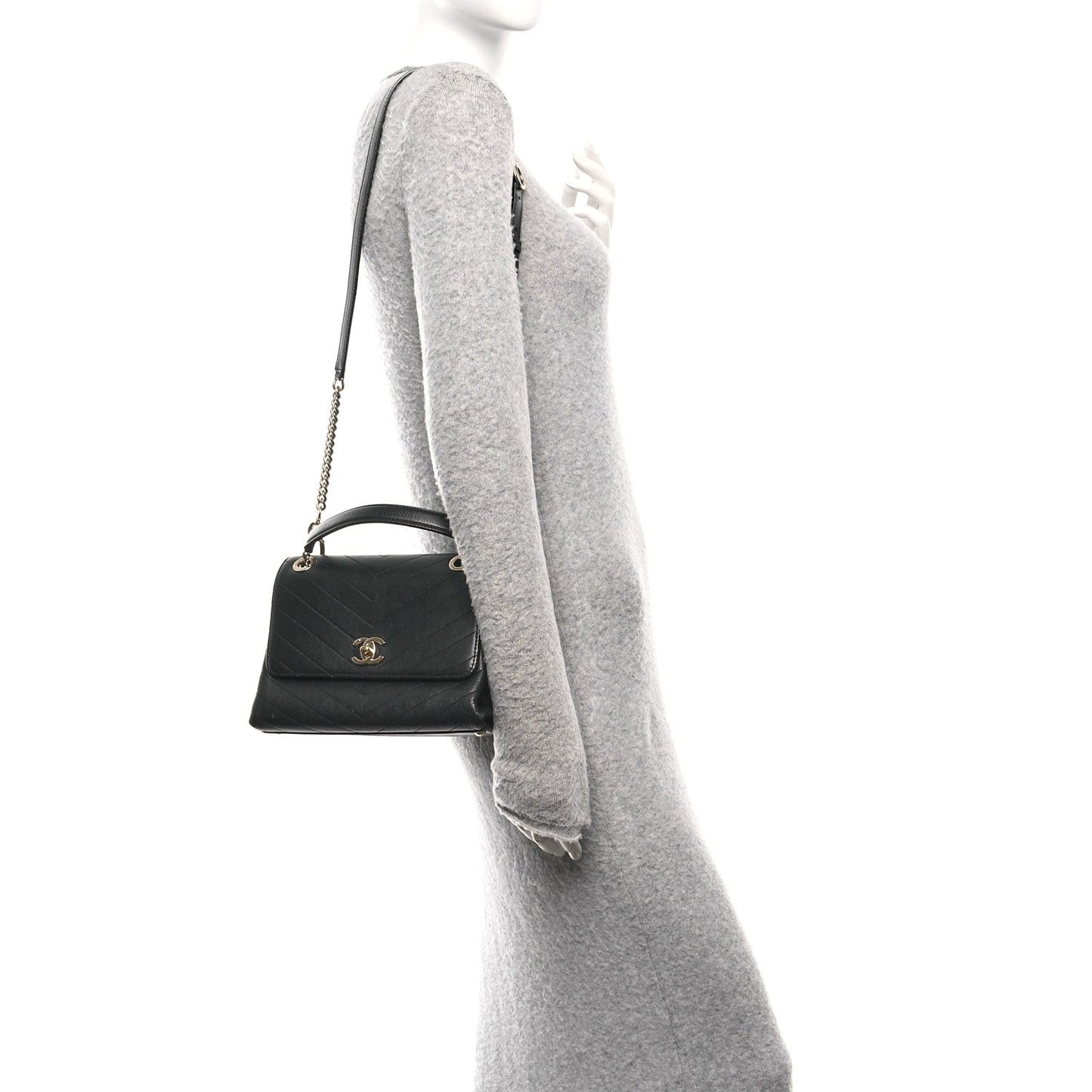 Grained Calfskin Chevron Stitched Small Chic Top Handle Flap Black