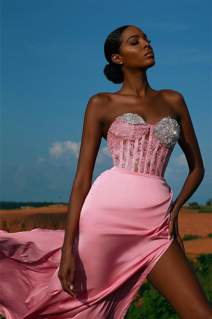 Sweetheart Split Pink Mermaid Evening Dress Beadings With Lace Appliques