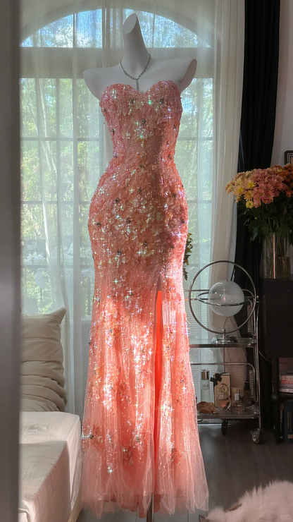 Glitter Strapless Pink Tulle Sequin Beaded Mermaid Party Dress Slit Long Evening Gown D867