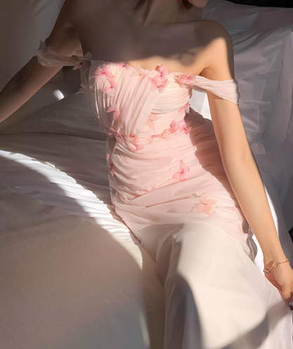 Light Pink Mermaid Off the Shoulder Butterfly Tulle Long Prom Dress Party Dress SH4037