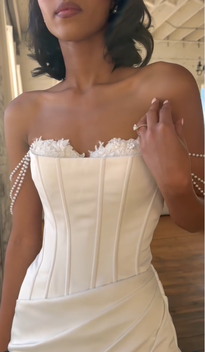 Classic Mermaid Strapless Pearl Satin Wedding Dress Prom Dress with Slit SH4129