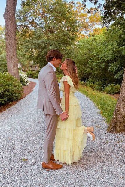 A-Line Square Yellow Tiered Long Prom Dress Princess Tulle Formal Evening Dress SH1049