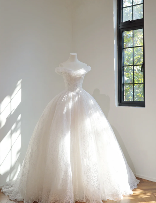 Princess Off The Shoulder White Lace Bridal Gown Long Wedding Dress D2155