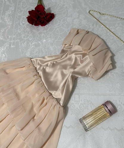 Cute A Line Strapless Tiered Beige Chiffon Satin Short Evening Dress Homecoming Dress SH2707