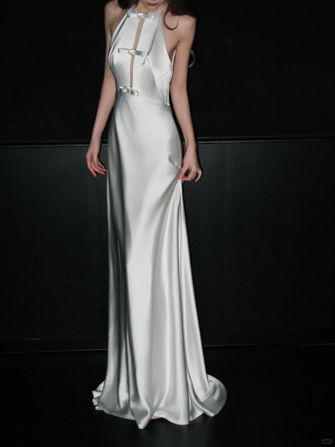 Pretty A Line Halter Bow White Satin Open Back Long Wedding Dress SH4934