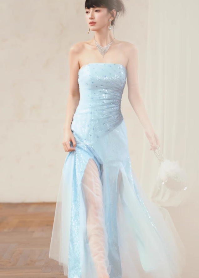 Blue Classy A Line Strapless Sequin Tulle Long Evening Dress Gown Dress SH3587