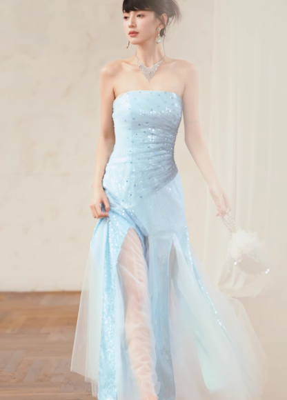 Blue Classy A Line Strapless Sequin Tulle Long Evening Dress Gown Dress SH3587